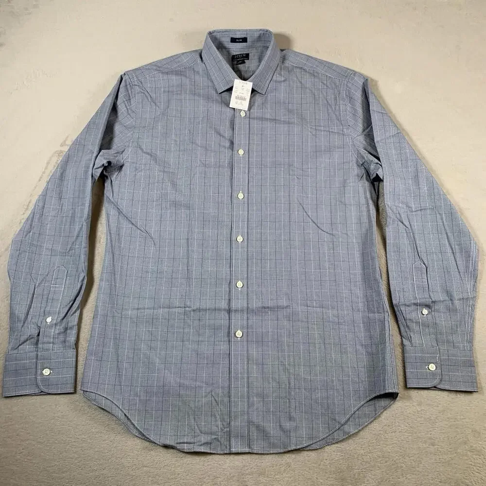 J Crew Shirt Men's Large Blue Slim Flex Wrinkle Free Micro Check Long Sleeve NEW